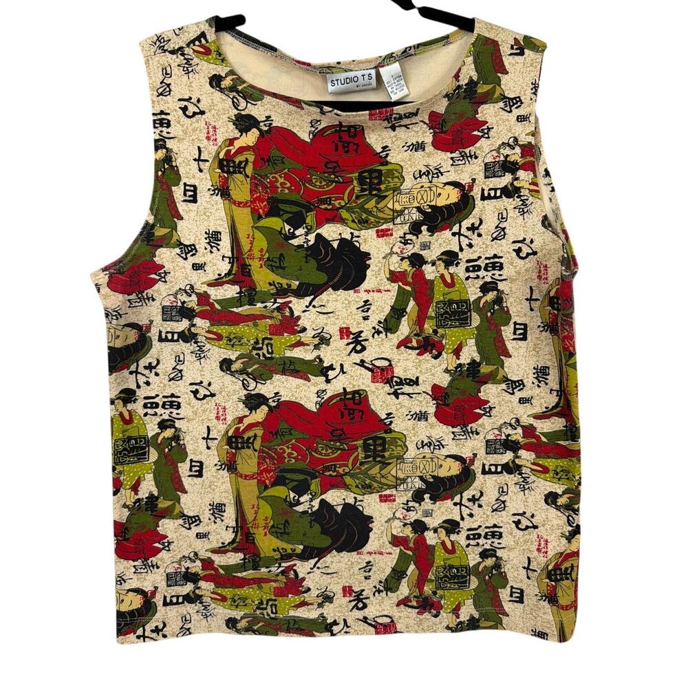 Studio T’s Cream & Red Japanese Motif 100% Cotton Sleeveless Top Size 3